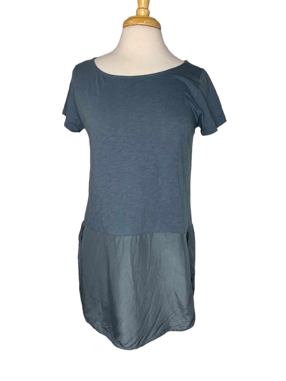 GARNET HILL Teal Blue Cotton Mixed Media Trim Short Sleeve Tunic Blouse Small